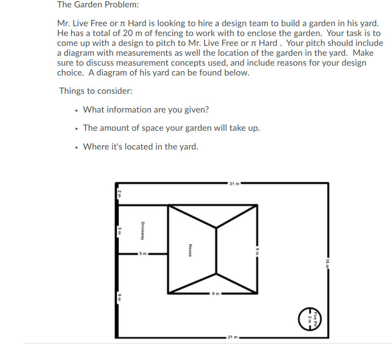 The Garden Problem:
Mr. Live Free or t Hard is looking to hire a design team to build a garden in his yard.
He has a total of 20 m of fencing to work with to enclose the garden. Your task is to
come up with a design to pitch to Mr. Live Free or 1 Hard. Your pitch should include
a diagram with measurements as well the location of the garden in the yard. Make
sure to discuss measurement concepts used, and include reasons for your design
choice. A diagram of his yard can be found below.
Things to consider:
• What information are you given?
• The amount of space your garden will take up.
• Where it's located in the yard.
21 m
Fire Pit
House
Driveway
5m
