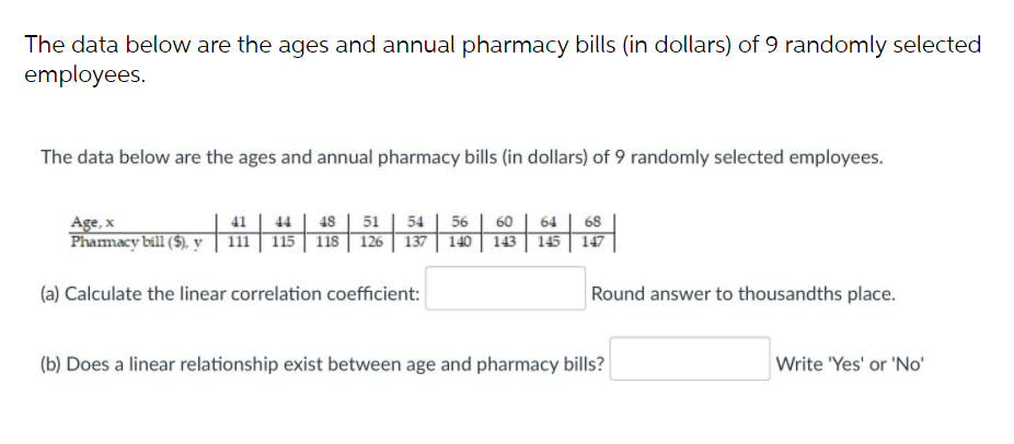 The data below are the ages and annual pharmacy bills (in dollars) of 9 randomly selected
employees.
The data below are the ages and annual pharmacy bills (in dollars) of 9 randomly selected employees.
Age, x
Phamacy bill ($), y
44 | 48 | 51
115 118 126 137 140 143 145
54
56
60
64
68
147
(a) Calculate the linear correlation coefficient:
Round answer to thousandths place.
(b) Does a linear relationship exist between age and pharmacy bills?
Write 'Yes' or 'No'

