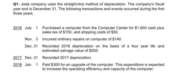 Q1- Joda company uses the straight-line method of depreciation. The company's fiscal
year end is December 31. The following transactions and events occurred during the first
three years.
2016 July 1 Purchased a computer from the Computer Center for $1,900 cash plus
sales tax of $150, and shipping costs of $50.
Nov. 3 Incurred ordinary repairs on computer of $140.
Dec. 31 Recorded 2016 depreciation on the basis of a four year life and
estimated salvage value of $500.
2017 Dec. 31 Recorded 2017 depreciation.
2018 Jan. 1 Paid $300 for an upgrade of the computer. This expenditure is expected
to increase the operating efficiency and capacity of the computer.
