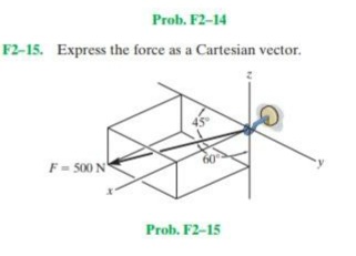 Prob. F2-14
F2-15. Express the force as a Cartesian vector.
F= S00 N
60
Prob. F2-15
