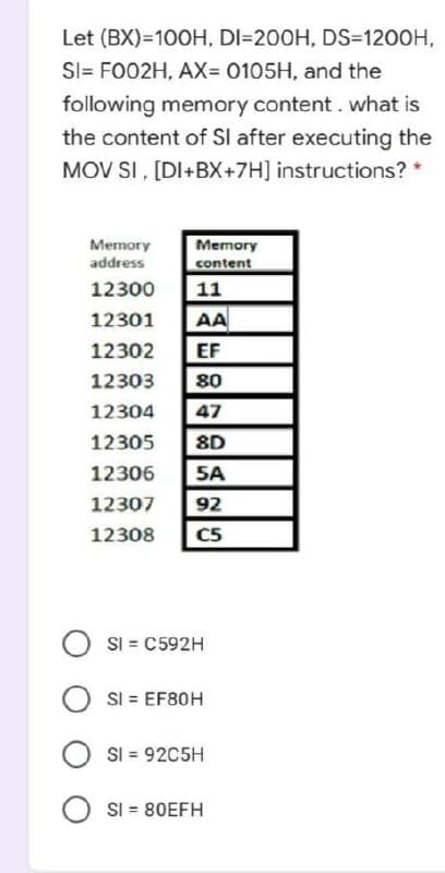Let (BX)=100H, DI=200H, DS=1200H,
SI= FO02H, AX= 0105H, and the
following memory content.what is
the content of Sl after executing the
MOV SI , [DI+BX+7H] instructions? *
Memory
Memory
address
content
12300
11
12301
AA
12302
EF
12303
80
12304
47
12305
8D
12306
SA
12307
92
12308
C5
SI = C592H
O SI = EF80H
SI = 92C5H
SI = 80EFH
