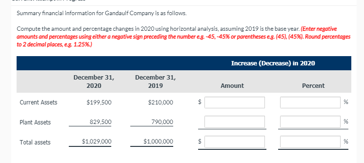 Summary financial information for Gandaulf Company is as follows.
Compute the amount and percentage changes in 2020 using horizontal analysis, assuming 2019 is the base year. (Enter negative
amounts and percentages using either a negative sign preceding the number e.g. -45, -45% or parentheses e.g. (45), (45%). Round percentages
to 2 decimal places, eg. 1.25%.)
Increase (Decrease) in 2020
December 31,
December 31,
2020
2019
Amount
Percent
Current Assets
$199,500
$210,000
24
Plant Assets
829,500
790,000
Total assets
$1,029,000
$1,000,000
24
