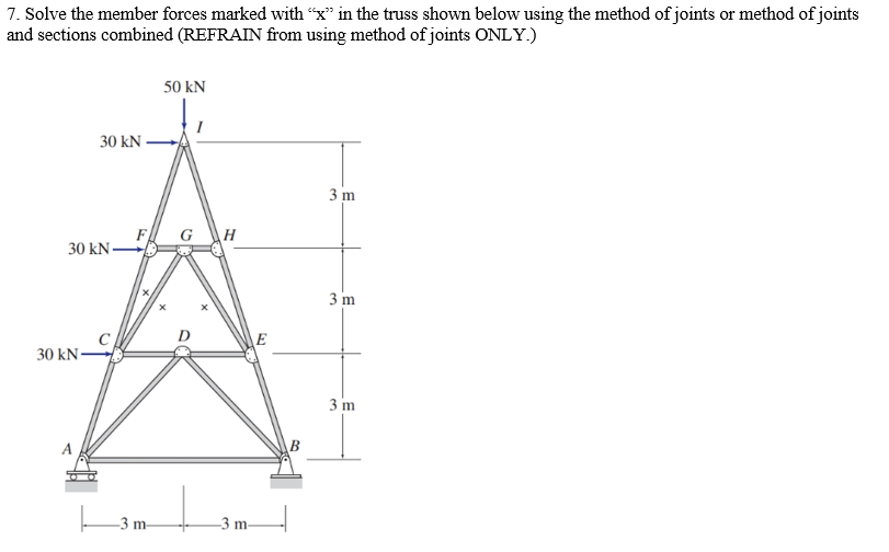 7. Solve the member forces marked with "x" in the truss shown below using the method of joints or method of joints
and sections combined (REFRAIN from using method of joints ONLY.)
30 kN.
30 kN-
30 kN
-3 m-
50 kN
G H
-3 m-
E
B
3 m
3 m
3 m