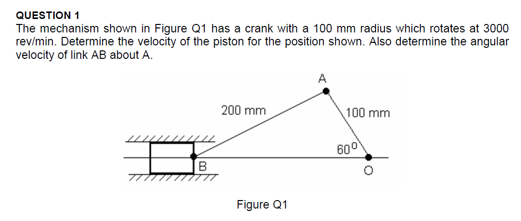 QUESTION 1
The mechanism shown in Figure Q1 has a crank with a 100 mm radius which rotates at 3000
rev/min. Determine the velocity of the piston for the position shown. Also determine the angular
velocity of link AB about A.
200 mm
100 mm
600
B
Figure Q1
