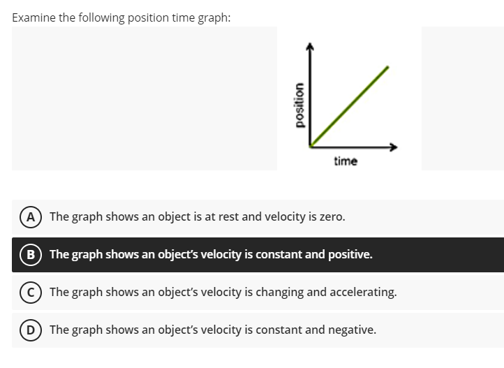 Examine the following position time graph:
time
A The graph shows an object is at rest and velocity is zero.
B The graph shows an objects velocity is constant and positive.
The graph shows an object's velocity is changing and accelerating.
D The graph shows an object's velocity is constant and negative.
position
