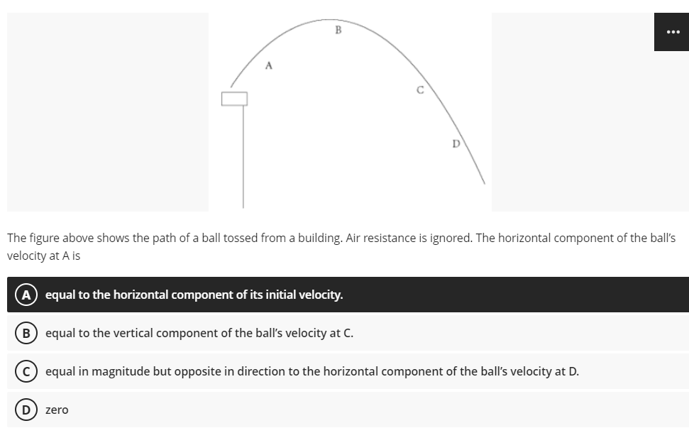 B
...
A
C
D
The figure above shows the path of a ball tossed from a building. Air resistance is ignored. The horizontal component of the ball's
velocity at A is
A equal to the horizontal component of its initial velocity.
B) equal to the vertical component of the ball's velocity at C.
equal in magnitude but opposite in direction to the horizontal component of the ball's velocity at D.
D) zero
