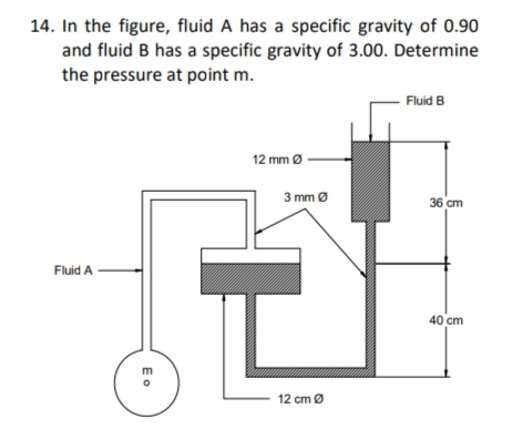 14. In the figure, fluid A has a specific gravity of 0.90
and fluid B has a specific gravity of 3.00. Determine
the pressure at point m.
Fluid A
Eo
12 mm Ø
3 mm Ø
12 cm Ø
Fluid B
36 cm
40 cm