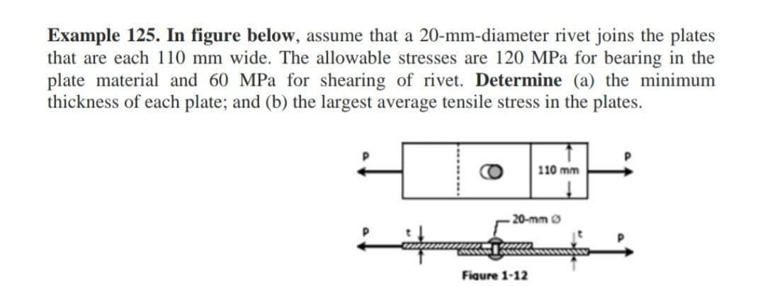 Example 125. In figure below, assume that a 20-mm-diameter rivet joins the plates
that are each 110 mm wide. The allowable stresses are 120 MPa for bearing in the
plate material and 60 MPa for shearing of rivet. Determine (a) the minimum
thickness of each plate; and (b) the largest average tensile stress in the plates.
110 mm
20-mm
Figure 1-12
