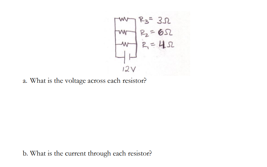 Rg= 352
Rz= 652
R= 452
%3D
12V
a. What is the voltage across each resistor?
b. What is the current through each resistor?

