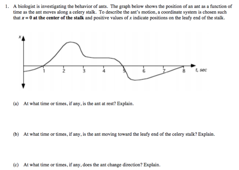 1. A biologist is investigating the behavior of ants. The graph below shows the position of an ant as a function of
time as the ant moves along a celery stalk. To describe the ant's motion, a coordinate system is chosen such
that x = 0 at the center of the stalk and positive values of x indicate positions on the leafy end of the stalk.
2
3
6
t, sec
(a) At what time or times, if any, is the ant at rest? Explain.
(b) At what time or times, if any, is the ant moving toward the leafy end of the celery stalk? Explain.
(c) At what time or times, if any, does the ant change direction? Explain.
-00
