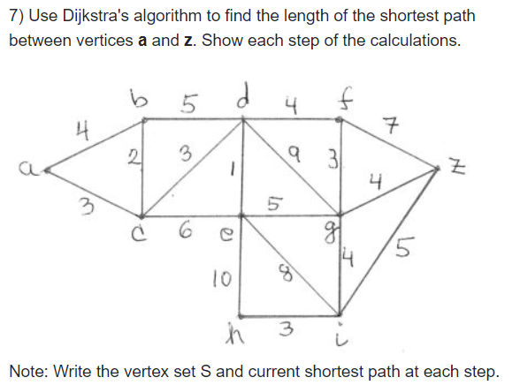 7) Use Dijkstra's algorithm to find the length of the shortest path
between vertices a and z. Show each step of the calculations.
b 5
4
4
7
3
3
4
10
3
Note: Write the vertex set S and current shortest path at each step.
