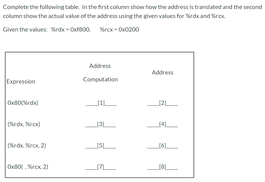 Complete the following table. In the first column show how the address is translated and the second
column show the actual value of the address using the given values for %rdx and %rcx.
Given the values: %rdx = Oxf800,
%rcx = Ox0200

