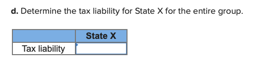 d. Determine the tax liability for State X for the entire group.
Tax liability
State X