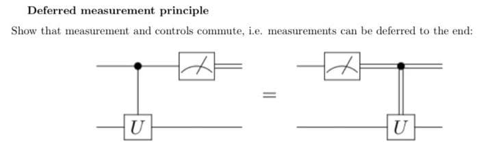 Deferred measurement principle
Show that measurement and controls commute, i.e. measurements can be deferred to the end:
U
U
