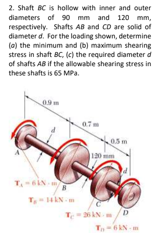 2. Shaft BC is hollow with inner and outer
diameters of 90 mm and 120 mm,
respectively. Shafts AB and CD are solid of
diameter d. For the loading shown, determine
(a) the minimum and (b) maximum shearing
stress in shaft BC, (c) the required diameter d
of shafts AB if the allowable shearing stress in
these shafts is 65 MPa.
0.9 m
0.7 m
0.5 m
|120 mm
T 6 kN m
B
T= 14 kN m
Te = 26 kN m
D.
T = 6 kN - m
