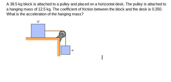 A 38.5 kg block is attached to a pulley and placed on a horizontal desk. The pulley is attached to
a hanging mass of 12.5 kg. The coefficient of friction between the block and the desk is 0.350.
What is the acceleration of the hanging mass?
M

