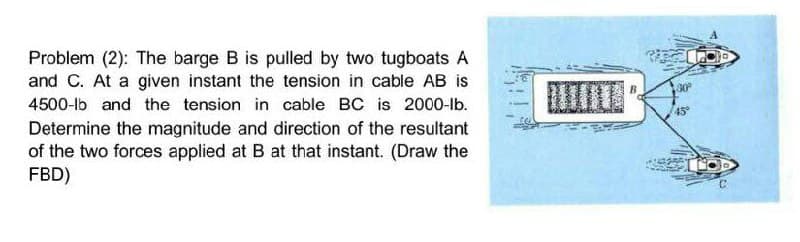 Problem (2): The barge B is pulled by two tugboats A
and C. At a given instant the tension in cable AB is
4500-lb and the tension in cable BC is 2000-lb.
30°
45
Determine the magnitude and direction of the resultant
of the two forces applied at B at that instant. (Draw the
FBD)
