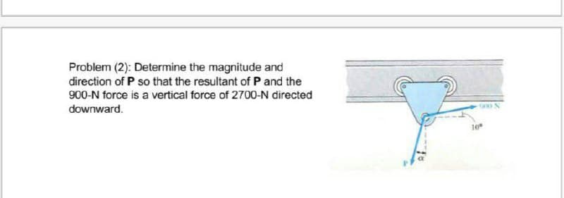 Problem (2): Determine the magnitude and
direction of P so that the resultant of P and the
900-N force is a vertical force of 2700-N directed
downward.
