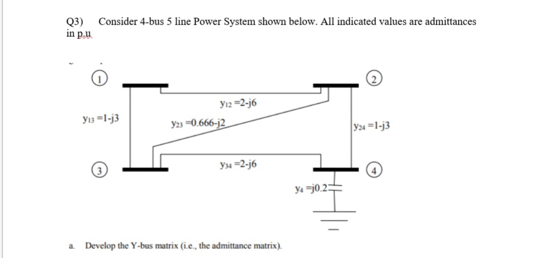 Q3)
in pu
Consider 4-bus 5 line Power System shown below. All indicated values are admittances
Y12 =2-j6
Y13 =1-j3
Y23 =0.666-j2
Y24 =1-j3
Y34 =2-j6
Y4 =j0.2:
a.
Develop the Y-bus matrix (i.e., the admittance matrix).
