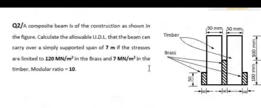 Q2/A composite beam is of the construction as shown in
50 mm, 50 mm
the figure. Calculate the allowable U.D.L. that the beam can
Timber
carry over a simply supported span of 7 m if the stresses
Brass
are limited to 120 MN/m² in the Brass and 7 MN/m² in the
timber. Modular ratio = 10.
I
Hoole
OS
100 mm
100 mm
