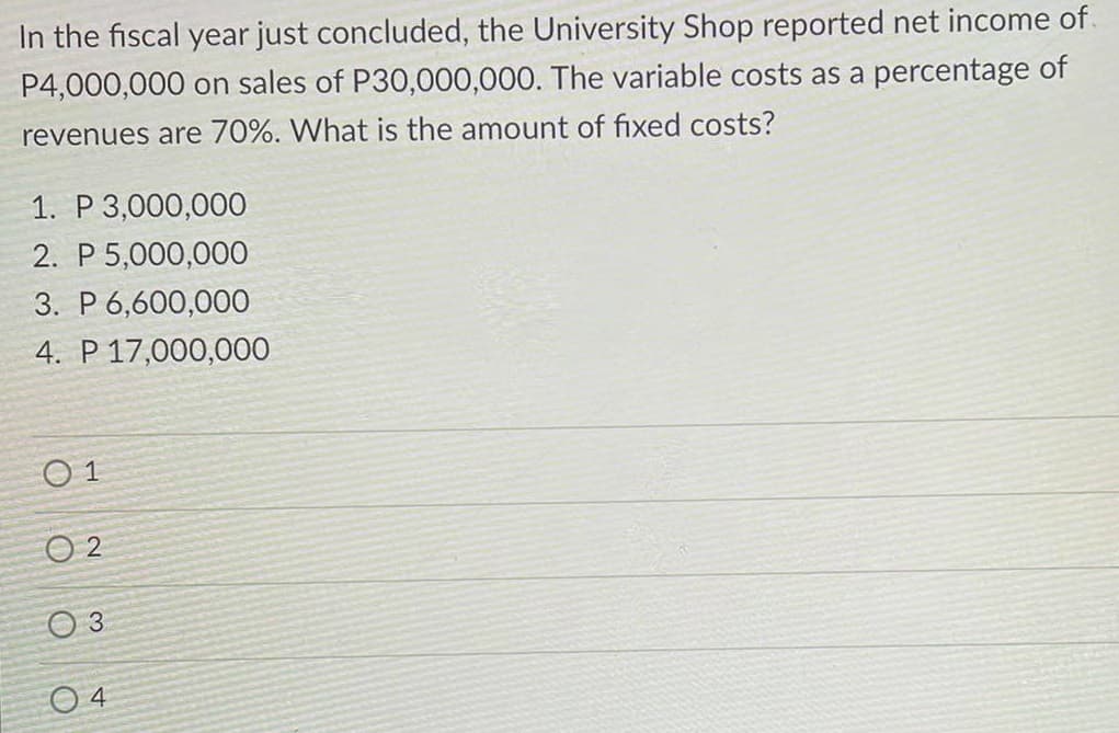In the fiscal year just concluded, the University Shop reported net income of.
P4,000,000 on sales of P30,000,000. The variable costs as a percentage of
revenues are 70%. What is the amount of fixed costs?
1. P 3,000,000
2. P 5,000,000
3. P 6,600,000
4. P 17,000,000
O 1
O 2
O 3
4

