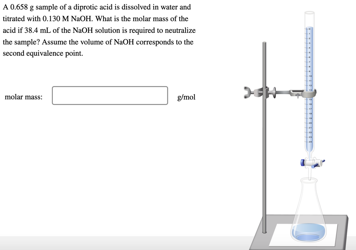 A 0.658 g sample of a diprotic acid is dissolved in water and
titrated with 0.130 M NAOH. What is the molar mass of the
acid if 38.4 mL of the NaOH solution is required to neutralize
the sample? Assume the volume of NaOH corresponds to the
second equivalence point.
10
11
12
13
molar mass:
g/mol
18
19
20
21
22
23
24
