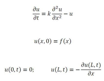 ди д2u
= k
k əx²
at
u(0,t) = 0;
- u
u(x,0) = f(x)
u(L,t) =
ди(L, t)
?x
