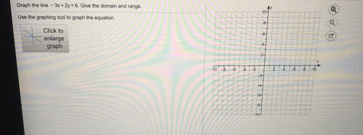 Graph the line -3x+ 2y = 6. Give the domain and range.
Ay
10-
Use the graphing tool to graph the equation.
8-
Click to
6-
enlarge
graph
4-
2-
-to
10
-2-
-6-
-10-
