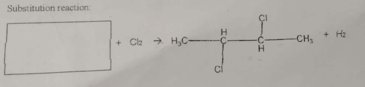 Substitution reaction:
H.
+ H2
+ Cl2 → H,C-
-CH3
CI
