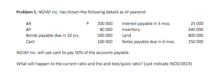 Problem 5. NGIWI Inc. has shown the following details as of yearend:
AR
P
200 000
Interest payable in 3 mos.
25 000
AP
80 000
Inventory
440 000
Bonds payable due in 10 yrs.
500 000
Land
800 000
Cash
100 000
Notes payable due in 6 mos.
250 000
NGIWI Inc. will use cash to pay 50% of the accounts payable.
What will happen to the current ratio and the acid test/quick ratio? (Just indicate INCR/DECR)
