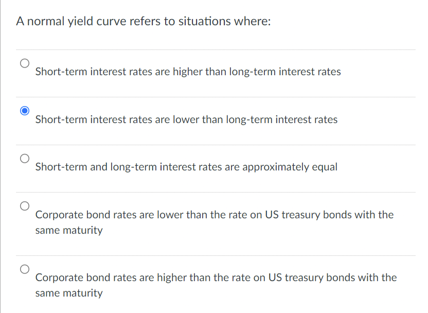 A normal yield curve refers to situations where:
Short-term interest rates are higher than long-term interest rates
Short-term interest rates are lower than long-term interest rates
Short-term and long-term interest rates are approximately equal
Corporate bond rates are lower than the rate on US treasury bonds with the
same maturity
Corporate bond rates are higher than the rate on US treasury bonds with the
same maturity