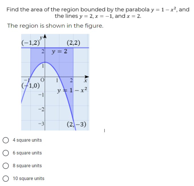 Find the area of the region bounded by the parabola y = 1 – x², and
the lines y = 2, x = -1, and x = 2.
The region is shown in the figure.
(-1,2)'
(2,2)
2 y = 2
2
1,0)
y = 1 – x²
-1
-2
-3
(2,–3)
4 square units
O 6 square units
O 8 square units
O 10 square units
