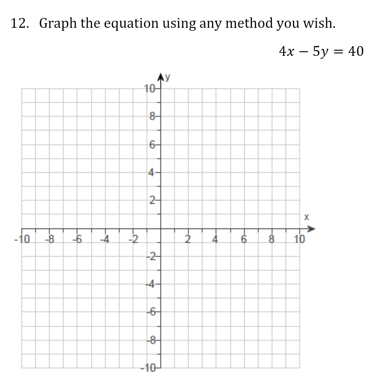 . Graph the equation using any method you wish.
4х — 5у — 40
Ay
10-
8-
6-
4-
2-
O -8
-6
-4
-2
6
8
10
2
-4-
-6
-8-
-10-
4.
