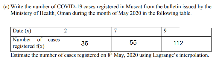 Write the number of COVID-19 cases registered in Muscat from the bulletin issued by the
Ministery of Health, Oman during the month of May 2020 in the following table.
Date (x)
2
7
9
Number of cases
36
55
112
registered f(x)
Estimate the number of cases registered on 8ª May, 2020 using Lagrange's interpolation.

