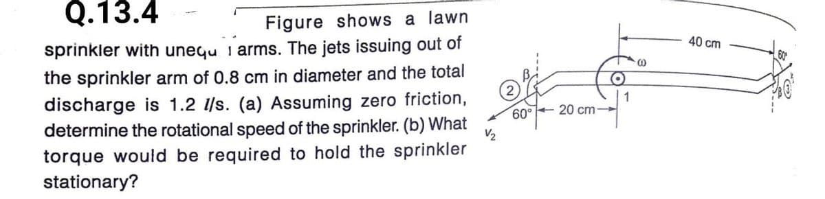 Q.13.4
Figure shows a lawn
sprinkler with unequ 1 arms. The jets issuing out of
40 cm
60
the sprinkler arm of 0.8 cm in diameter and the total
discharge is 1.2 l/s. (a) Assuming zero friction,
determine the rotational speed of the sprinkler. (b) What
torque would be required to hold the sprinkler
stationary?
1
60° + 20 cm-
V2
