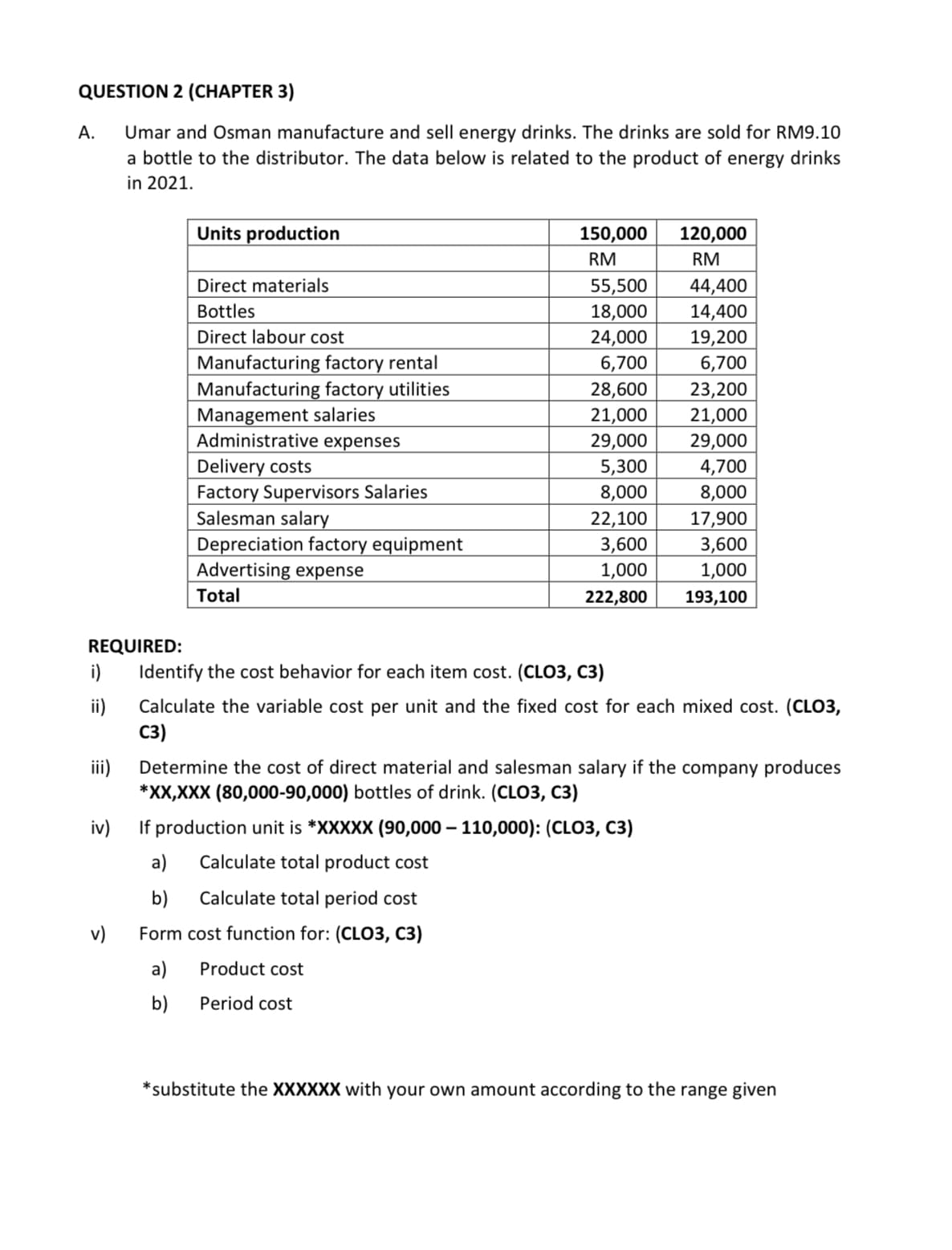 QUESTION 2 (CHAPTER 3)
Umar and Osman manufacture and sell energy drinks. The drinks are sold for RM9.10
a bottle to the distributor. The data below is related to the product of energy drinks
in 2021.
А.
Units production
150,000
120,000
RM
RM
Direct materials
55,500
44,400
Bottles
14,400
19,200
18,000
Direct labour cost
24,000
Manufacturing factory rental
Manufacturing factory utilities
Management salaries
Administrative expenses
Delivery costs
Factory Supervisors Salaries
Salesman salary
Depreciation factory equipment
Advertising expense
6,700
6,700
28,600
23,200
21,000
21,000
29,000
29,000
5,300
4,700
8,000
8,000
22,100
17,900
3,600
3,600
1,000
1,000
Total
222,800
193,100
REQUIRED:
i)
Identify the cost behavior for each item cost. (CLO3, C3)
ii)
Calculate the variable cost per unit and the fixed cost for each mixed cost. (CLO3,
C3)
iii)
Determine the cost of direct material and salesman salary if the company produces
*XX,XXX (80,000-90,000) bottles of drink. (CLO3, C3)
iv)
If production unit is *XXXXX (90,000 – 110,000): (CLO3, C3)
a)
Calculate total product cost
b)
Calculate total period cost
v)
Form cost function for: (CLO3, C3)
a)
Product cost
b)
Period cost
*substitute the XXXXXX with your own amount according to the range given
