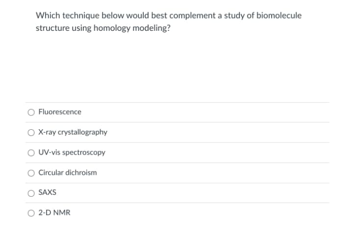 Which technique below would best complement a study of biomolecule
structure using homology modeling?
Fluorescence
X-ray crystallography
UV-vis spectroscopy
Circular dichroism
SAXS
O 2-D NMR
