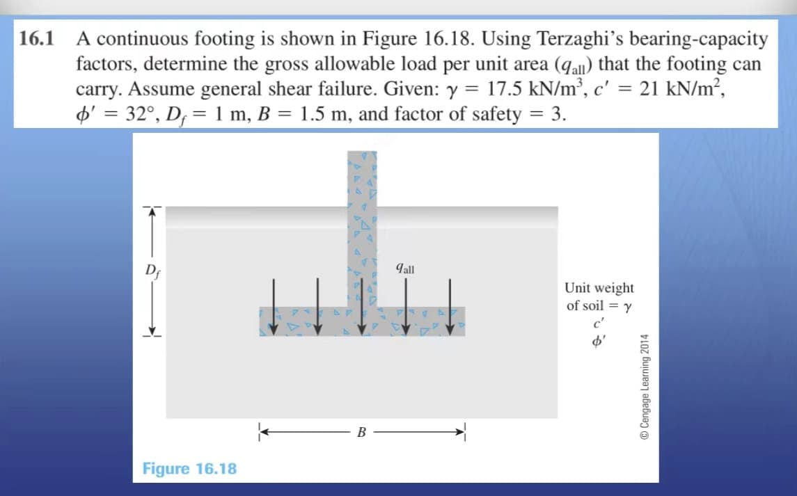 16.1 A continuous footing is shown in Figure 16.18. Using Terzaghi's bearing-capacity
factors, determine the gross allowable load per unit area (qall) that the footing can
carry. Assume general shear failure. Given: y = 17.5 kN/m³, c' = 21 kN/m²,
' = 32°, D = 1 m, B = 1.5 m, and factor of safety
3.
Figure 16.18
B
qall
=
Unit weight
of soil = Y
c'
d'
Cengage Learning 2014