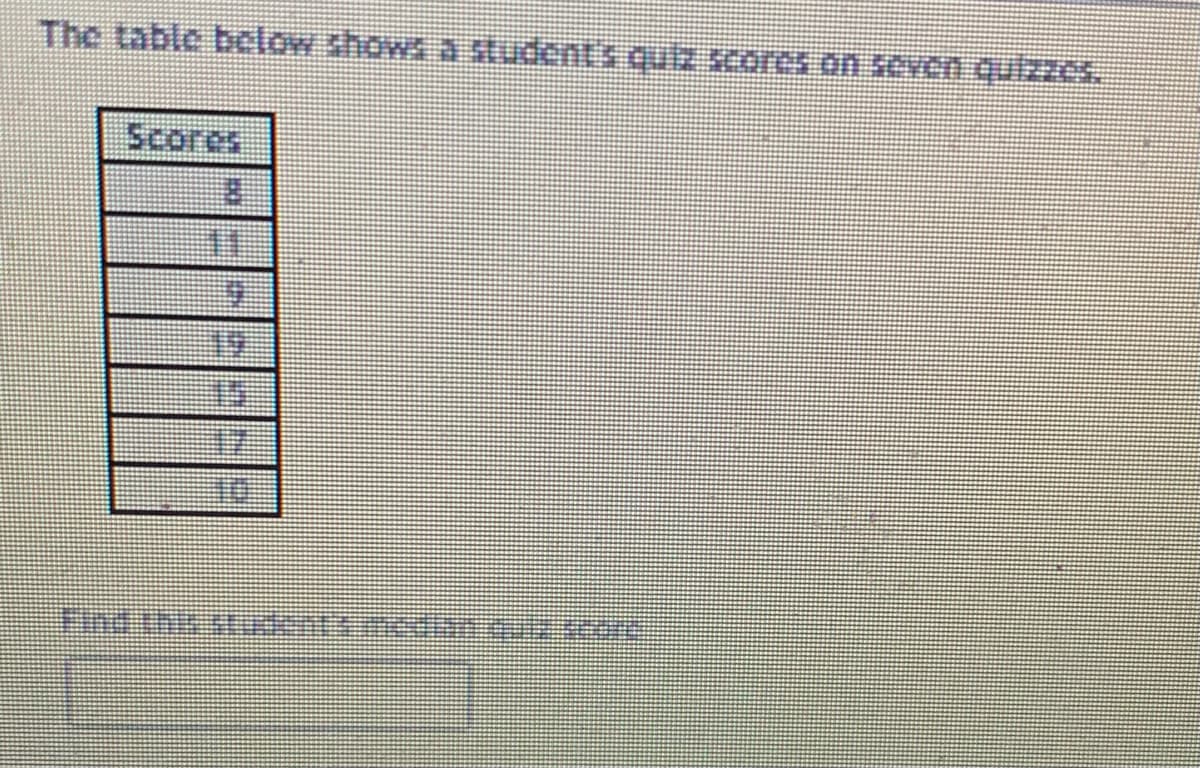 The table below shows a tudent's quiz scores on sevn quizzes.
Scores
