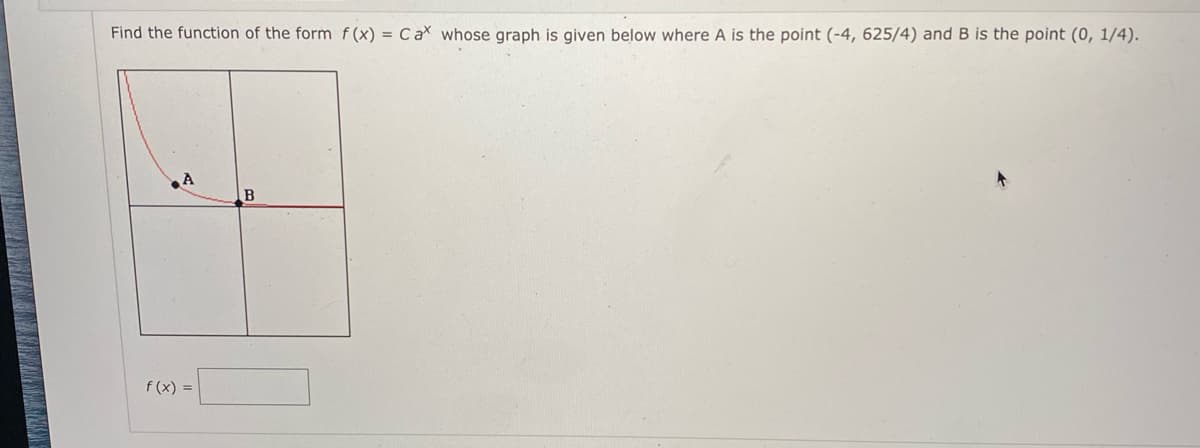 Find the function of the form f(x) = C a whose graph is given below where A is the point (-4, 625/4) and B is the point (0, 1/4).
B
f (x) =
