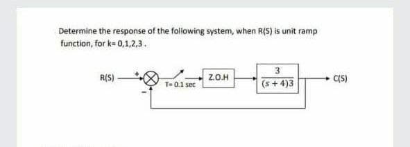 Determine the response of the following system, when R(S) is unit ramp
function, for k= 0,1,2,3.
3
R(S)
Z..H
(s+ 4)3
C(S)
Te 0.1 sec
