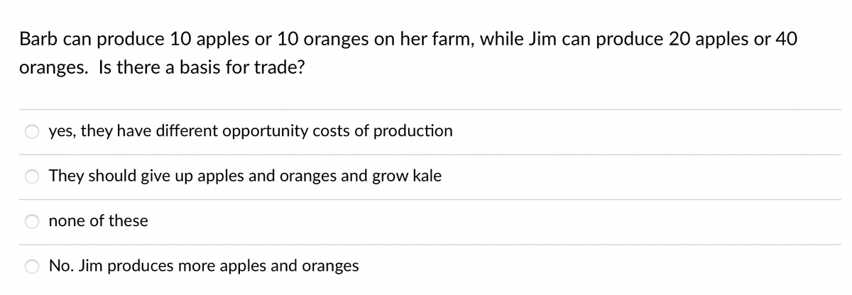 Barb can produce 10 apples or 10 oranges on her farm, while Jim can produce 20 apples or 40
oranges. Is there a basis for trade?
yes, they have different opportunity costs of production
They should give up apples and oranges and grow kale
none of these
No. Jim produces more apples and oranges
