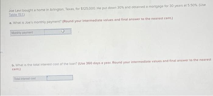Joe Levi bought a home in Arlington, Texas, for $125,000. He put down 30% and obtained a mortgage for 30 years at 5.50% (Use
Table 151)
a. What is Joe's monthly payment? (Round your intermediate values and final answer to the nearest cent.)
Monthly payment
b. What is the total interest cost of the loan? (Use 360 days a year. Round your intermediate values and final answer to the nearest
cent.)
Total interest cost
