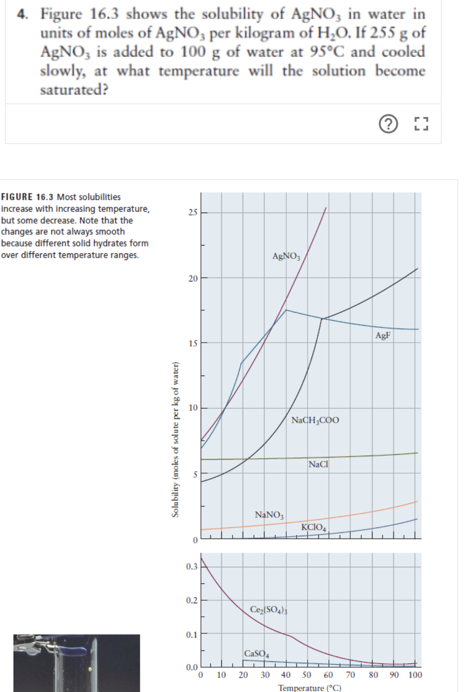 4. Figure 16.3 shows the solubility of AgNO, in water in
units of moles of AgNO, per kilogram of H,O. If 255 g of
AgNO, is added to 100 g of water at 95°C and cooled
slowly, at what temperature will the solution become
saturated?
FIGURE 16.3 Most solubilities
increase with increasing temperature,
but some decrease. Note that the
25
changes are not always smooth
because different solid hydrates form
over different temperature ranges.
AGNO3
20
AgF
15
NaCH;COO
NaCl
NANO3
KCIO,
0.3
0.2
Ce(SO4);
0.1
CaSO4
0.0
10
20
30
40
50
60
70
80
90 100
Temperature (°C)
Solubility (moles of solute per kg of water)
