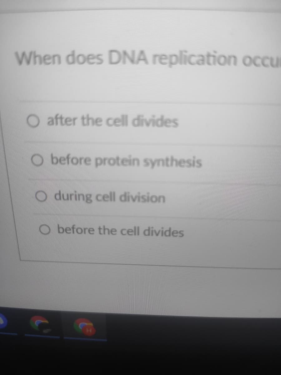 When does DNA replication occur
O after the cell divides
O before protein synthesis
O during cell division
O before the cell divides
