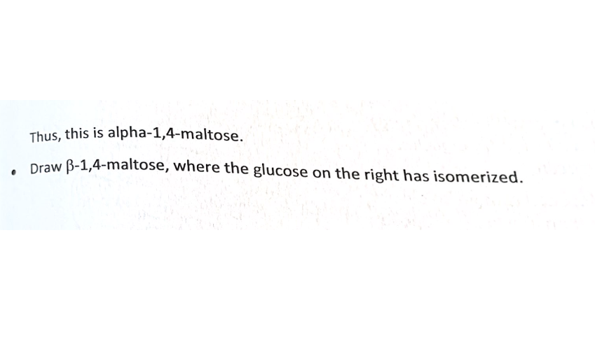 Thus, this is alpha-1,4-maltose.
Draw B-1,4-maltose, where the glucose on the right has isomerized.
