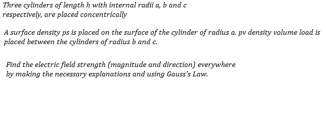 Three cylinders of length h with internal radii a, b and c
respectively, are placed concentrically
A surface density ps is placed on the surface of the cylinder of radius a. pv density volume load is
placed between the cylinders of radius b and c.
Find the electric field strength (magnitude and direction) everywhere
by making the necessary explanations and using Gauss's Law.

