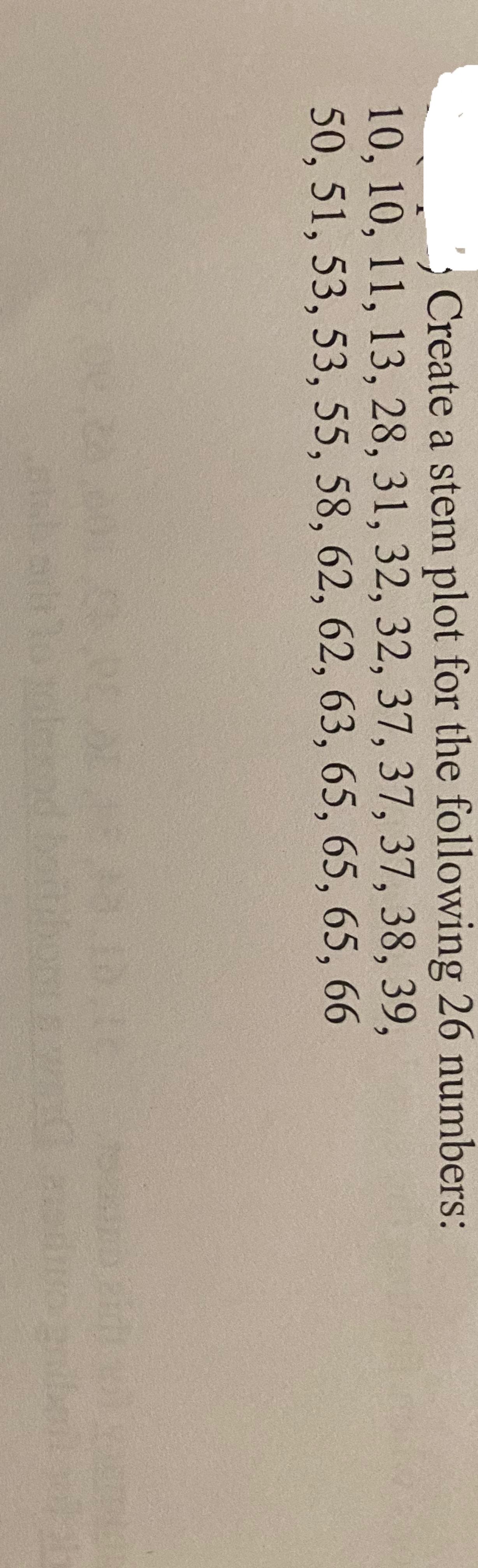 Create a stem plot for the following 26 numbers:
1, 13, 28, 31, 32, 32, 37, 37, 37, 38, 39,
3, 53, 55, 58, 62, 62, 63, 65, 65, 65, 66
