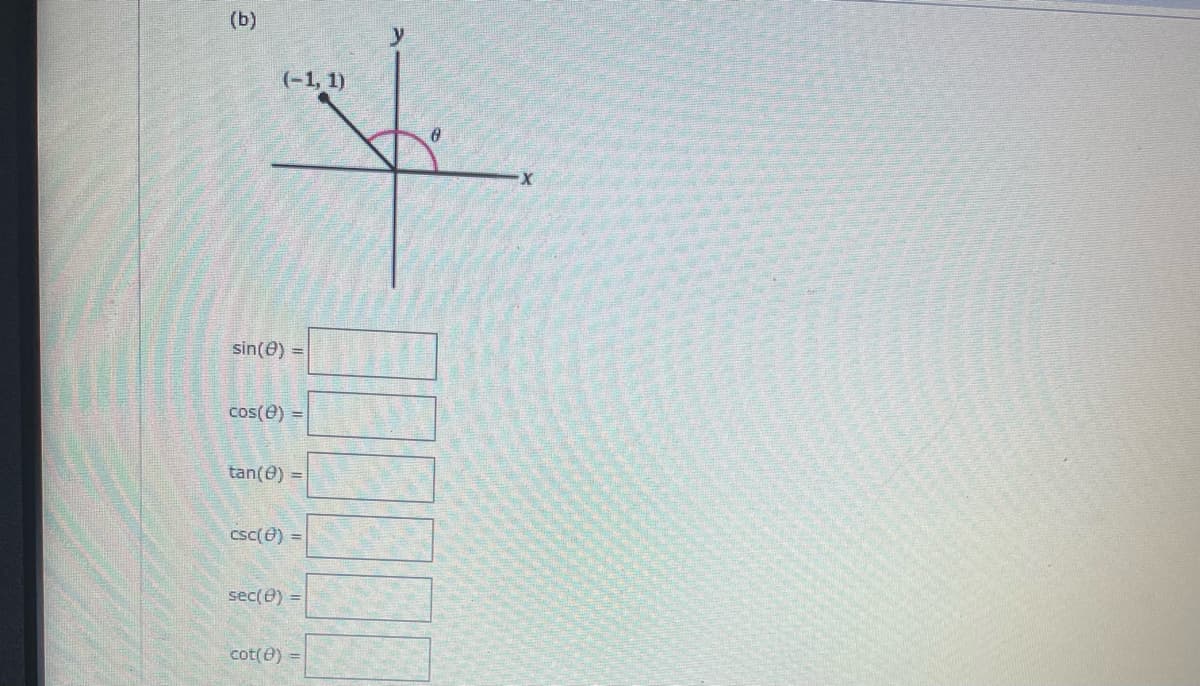 (b)
(-1, 1)
sin(e) =
cos(e) =
tan(e) =
csc(e) =
sec(e) =
cot(@) =
