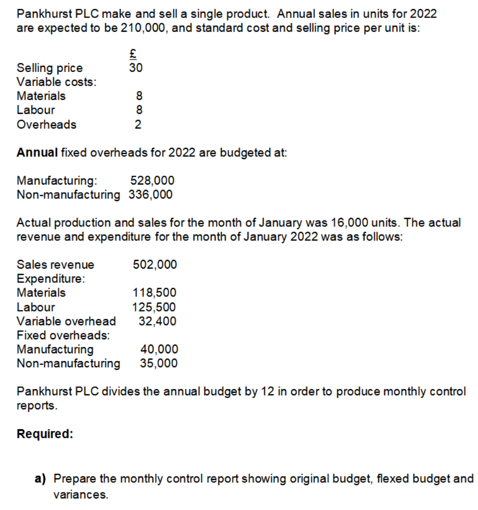 Pankhurst PLC make and sell a single product. Annual sales in units for 2022
are expected to be 210,000, and standard cost and selling price per unit is:
£
30
Selling price
Variable costs:
Materials
Labour
Overheads
Annual fixed overheads for 2022 are budgeted at:
Manufacturing:
528,000
Non-manufacturing 336,000
Actual production and sales for the month of January was 16,000 units. The actual
revenue and expenditure for the month of January 2022 was as follows:
Sales revenue
502,000
Expenditure:
Materials
118,500
Labour
125,500
32,400
Variable overhead
Fixed overheads:
Manufacturing
Non-manufacturing
40,000
35,000
Pankhurst PLC divides the annual budget by 12 in order to produce monthly control
reports.
Required:
a) Prepare the monthly control report showing original budget, flexed budget and
variances.
882